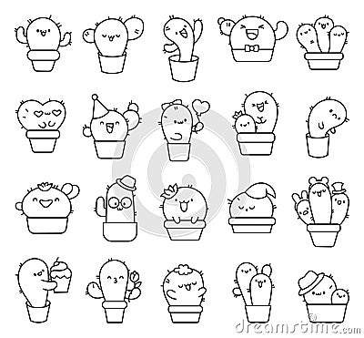 Cute kawaii cactus. Coloring Page Vector Illustration