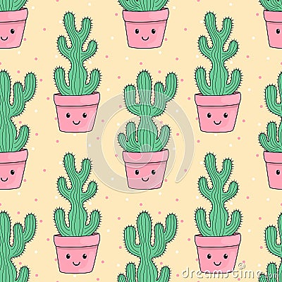 Cute Kawaii Cactus pots pattern Vector Illustration