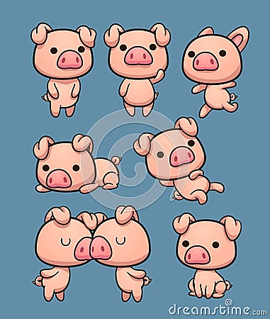 Cute kawaii cartoon pigs in different poses Vector Illustration