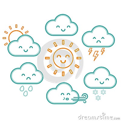 Cute kawaii cartoon weather symbols with faces. Childrens vector illustration of sunshine, clouds, rain, snow, wind and thunder. Vector Illustration