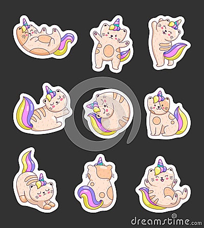 Cute kawaii cat unicorn. Sticker Bookmark Vector Illustration