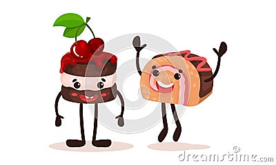 Cute Kawaii Chocolate Cake with Berry and Roulade with Face and Arms Vector Set Vector Illustration