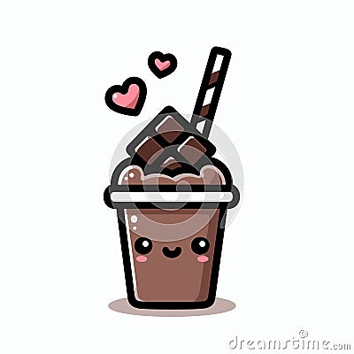 Cute kawaii chocolate milkshake with straw and red hearts, sweet dessert, Vector illustration, generative ai Cartoon Illustration