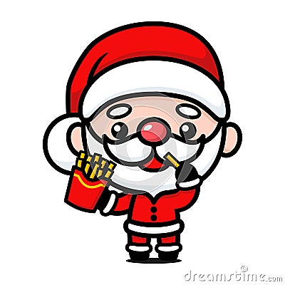 Cute And Kawaii Christmas Santa Claus Cartoon Character Eating Potato French Fries Vector Illustration