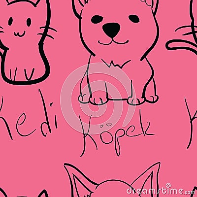 Cute kawaii dog and cat seamless pattern Vector Illustration