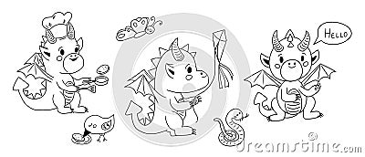 Cute kawaii dragon baby. Hand drawn doodle set Vector Illustration