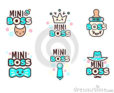 Cute Kawaii emoticons with baby boy objects Vector Illustration