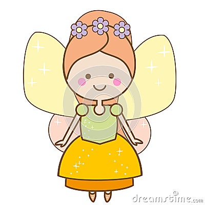 Cute kawaii fairy character. Winged pixie princess in beautiful dress. Cartoon style, girls kids stickers Vector Illustration