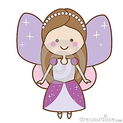 Cute kawaii fairy character. Winged pixie princess in beautiful dress. Vector Illustration