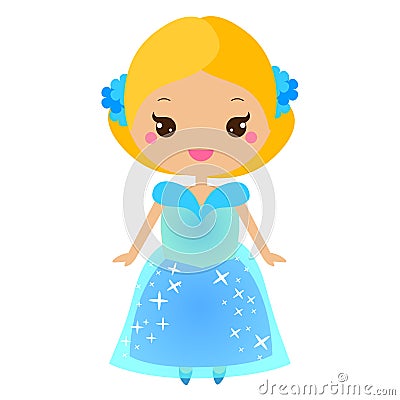 Cute kawaii fairy tale princess in blue dress. Girl in queen costume. Cartoon style vector illustration Vector Illustration