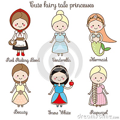 Cute kawaii fairy tales characters. Snow white, red riding hood, rapunzel, cinderella and other princess in beautiful dresses. Car Vector Illustration