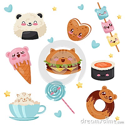 Cute Kawaii food cartoon characters set, desserts, sweets, fast food vector Illustration on a white background Vector Illustration