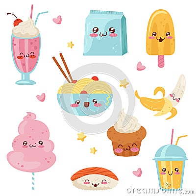 Cute Kawaii food cartoon characters set, desserts, sweets, sushi, fast food vector Illustration on a white background Vector Illustration