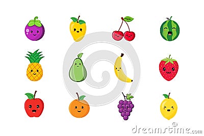 Cute kawaii fruits character vector design illustration colection Vector Illustration