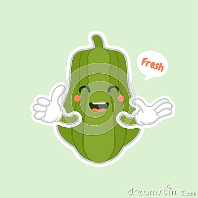 Cute and kawaii Green Chayote Cartoon Character. can be used in restaurant menu, cooking books and organic farm label. Healthy Vector Illustration