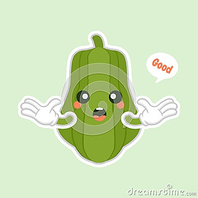 Cute and kawaii Green Chayote Cartoon Character. can be used in restaurant menu, cooking books and organic farm label. Healthy Vector Illustration