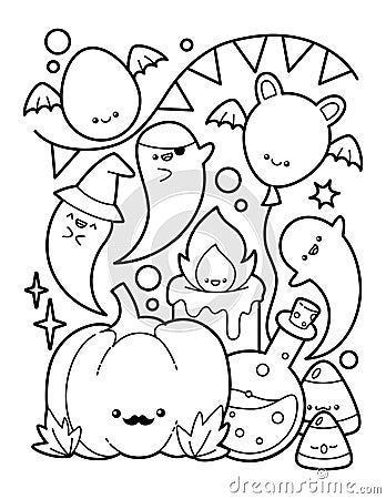 Cute And Kawaii Halloween Coloring Page Vector Illustration