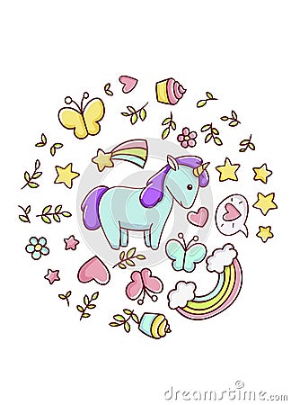 Cute kawaii hand drawn blue unicorn doodles, circle print , isolated on white background Vector Illustration