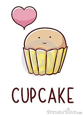 Cute kawaii hand drawn cupcake doodles, lettering cupcake, isolated on white background Vector Illustration