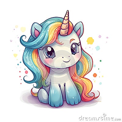 Cute kawaii happy funny unicorn with rainbow colored tail and mane. Stock Photo