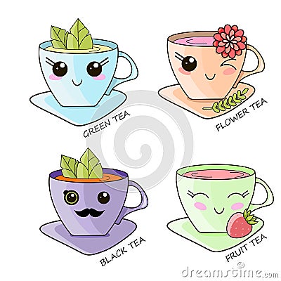 Cute Kawaii Hot Tea Cup Teabag Vector Illustration Vector Illustration