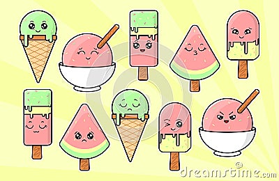 Cute kawaii ice cream characters with many expression Vector Illustration