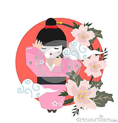 Cute kawaii japanese girl with flowers Vector Illustration