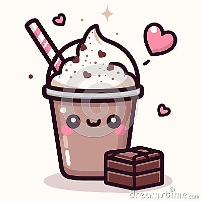 Cute kawaii milkshake cup with chocolate and hearts, sweet cream mocha, Vector illustration, generative ai Cartoon Illustration