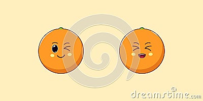 Cute Kawaii Orange, Cartoon Citrus Fruit. Vector Vector Illustration