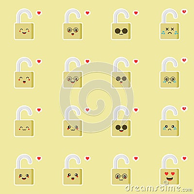 cute and kawaii padlock flat design vector illustration. Funny padlock character with smiling human emoji, cartoon vector Vector Illustration