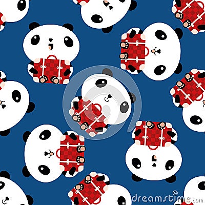 Cute Kawaii panda holding chequered suitcases seamless vector pattern background. Sitting cartoon bears with red check Vector Illustration