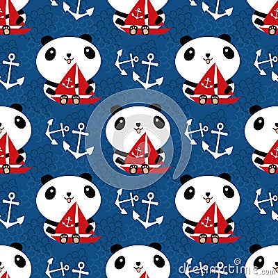 Cute Kawaii panda with sailing boats and anchors. Seamless vector pattern background. Cartoon bears holding red yachts Vector Illustration