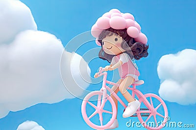 Cute kawaii portrait young or little girl ride a bicycle on fluffy clouds in the sky, wonderland world, minimal concept, travel in Stock Photo