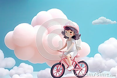 Cute kawaii portrait young or little girl ride a bicycle on fluffy clouds in the sky, wonderland world, minimal concept, travel in Stock Photo