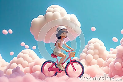 Cute kawaii portrait young or little girl ride a bicycle on fluffy clouds in the sky, wonderland world, minimal concept, travel in Stock Photo