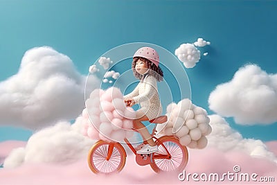 Cute kawaii portrait young or little girl ride a bicycle on fluffy clouds in the sky, wonderland world, minimal concept, travel in Stock Photo