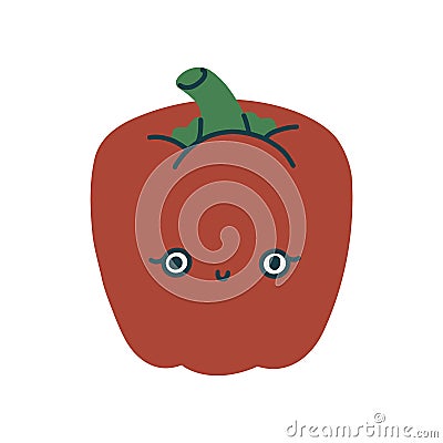 Cute kawaii red pepper. Kind childrens vegetable character with eyes and a smile. Vector isolated flat illustration on Vector Illustration