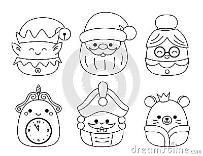 Cute kawaii Santa Claus, elf, clock, Nutcracker. Coloring page. Squishmallow. Black white. Vector Vector Illustration