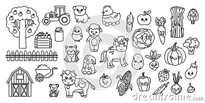 Cute Kawaii Set with farm vegetables and animals. Vector Illustration