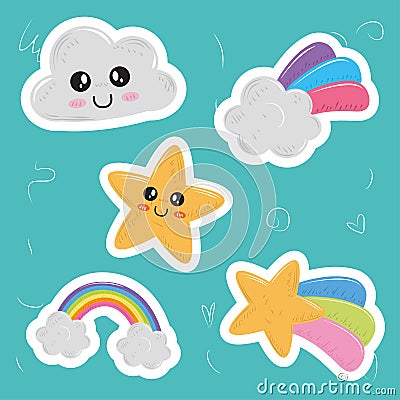 Cute kawaii set icons stickers cloud star rainbow Vector Illustration