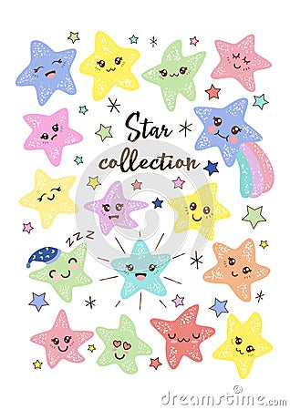 Cute kawaii smiling little stars hand-drawn vector illustration for kids. Baby shower stickers set. Cartoon Illustration