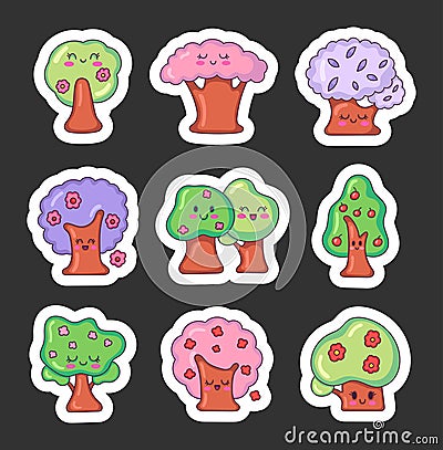 Cute kawaii spring tree. Sticker Bookmark Vector Illustration