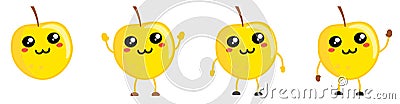 Cute kawaii style Apple fruit icon, large eyes, animal like nose. Version with hands raised, down and waving Vector Illustration