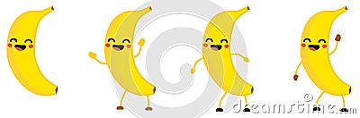 Cute kawaii style Banana fruit icon, eyes closed, smiling with open mouth. Version with hands raised, down and waving. Vector Illustration