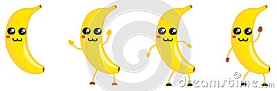 Cute kawaii style Banana fruit icon, large eyes, animal like nose. Version with hands raised, down and waving Vector Illustration