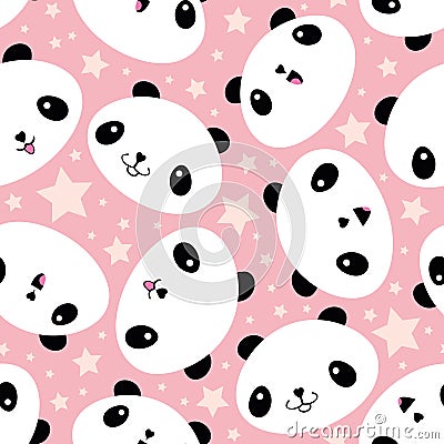 Cute Kawaii style laughing pandas and stars. Seamless vector pattern on soft pink background. Great for children, school Vector Illustration