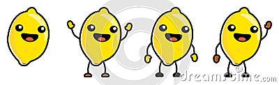 Cute kawaii style Lemon fruit icon, outlined, large eyes, smiling with open mouth. Version with hands raised, down and waving Vector Illustration