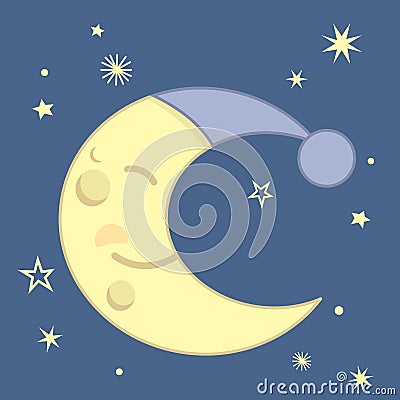 Cute Kawaii Style Sleeping Crescent Moon With Blue Night Cap and Stars Night Scene Vector Illustration Vector Illustration