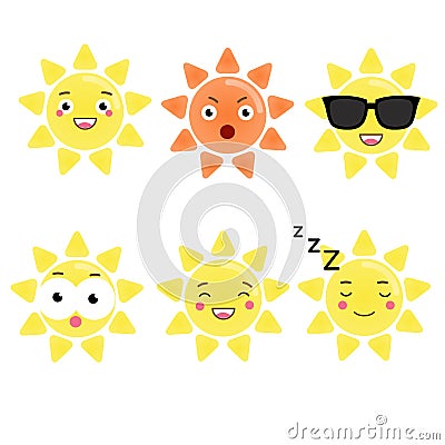 Cute kawaii sun character. Vector emoji, emoticons, expression icons. Isolated design elements, stickers Vector Illustration