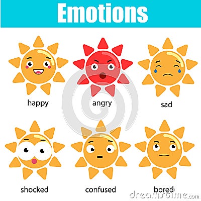 Cute kawaii sun character. Vector emoji, emoticons, expression icons. Isolated design elements, stickers. Educational infographic Vector Illustration